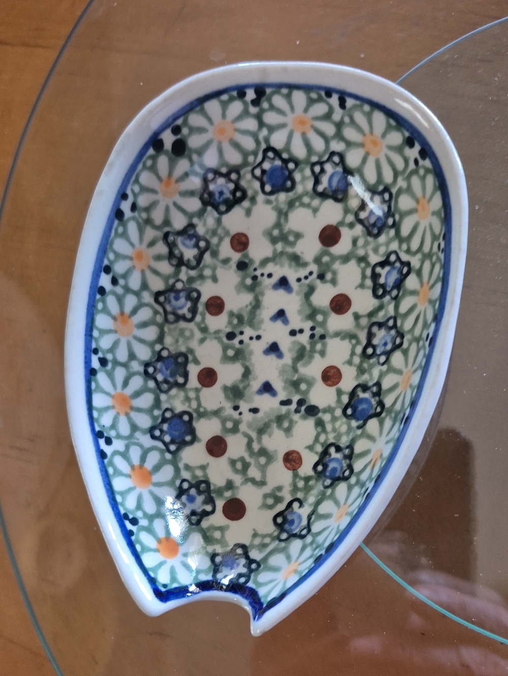 Polish Pottery Hand-Painted Floral Ceramic Spoon Rest - Blue, Green, White